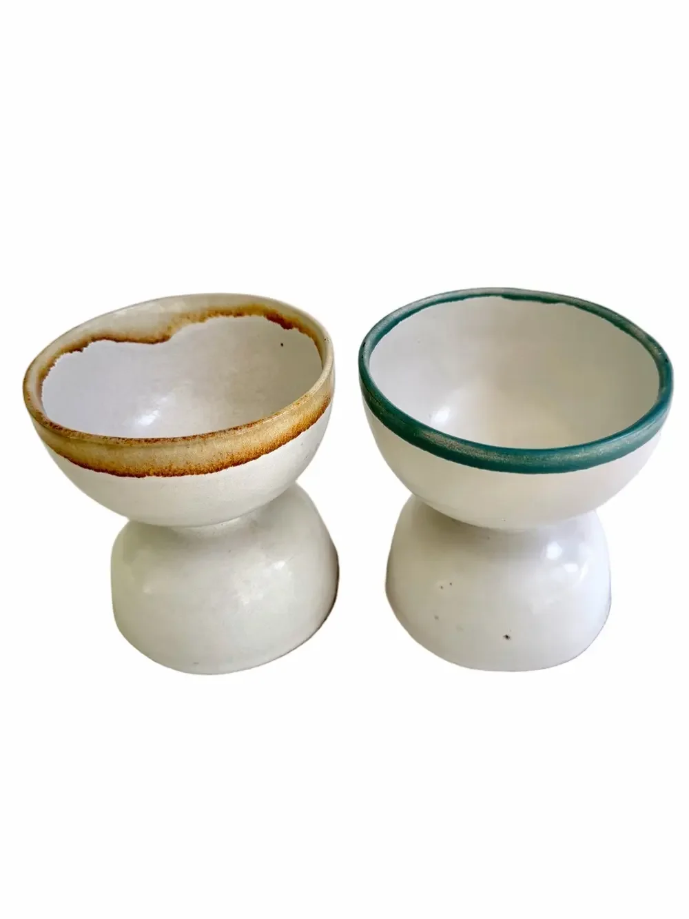 2 Vintage MCM Design Danish Ceramic Owl Faces Double Pedestal Bowls RARE